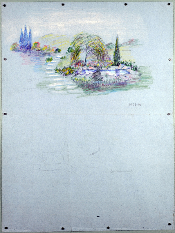 Sketch of garden pond for John Gates Williams, Saint Louis County, Missouri. Oil pastel and pencil on paper. Dimensions: 18.5 x 24".   Project number: 1429