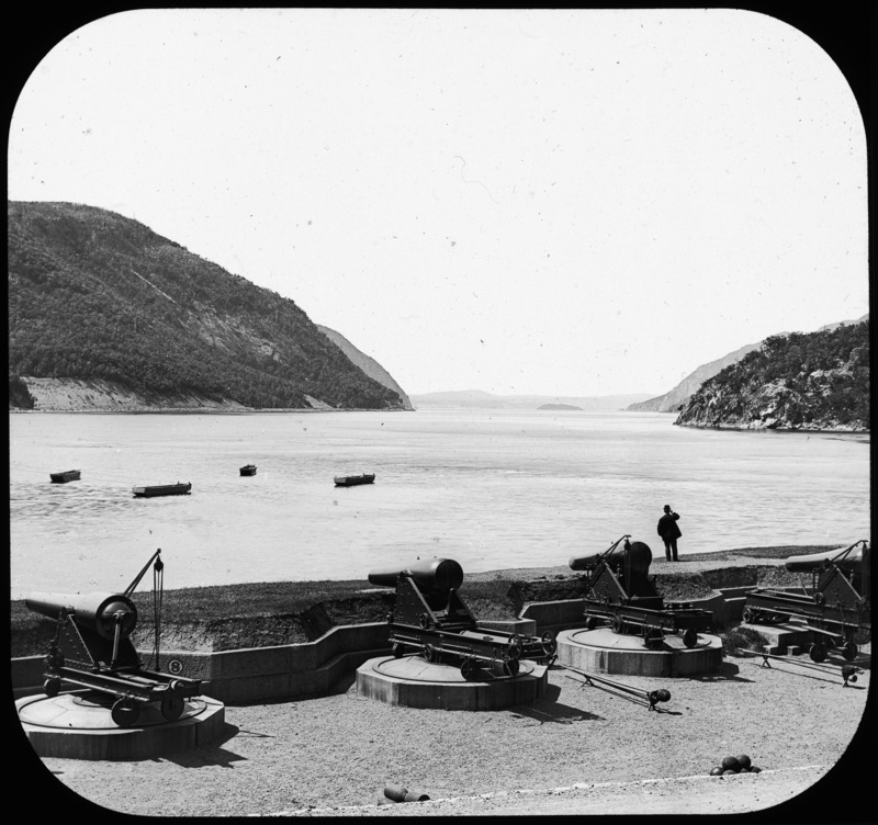 West Point from Battery and pontoons on the Hudson, New York.