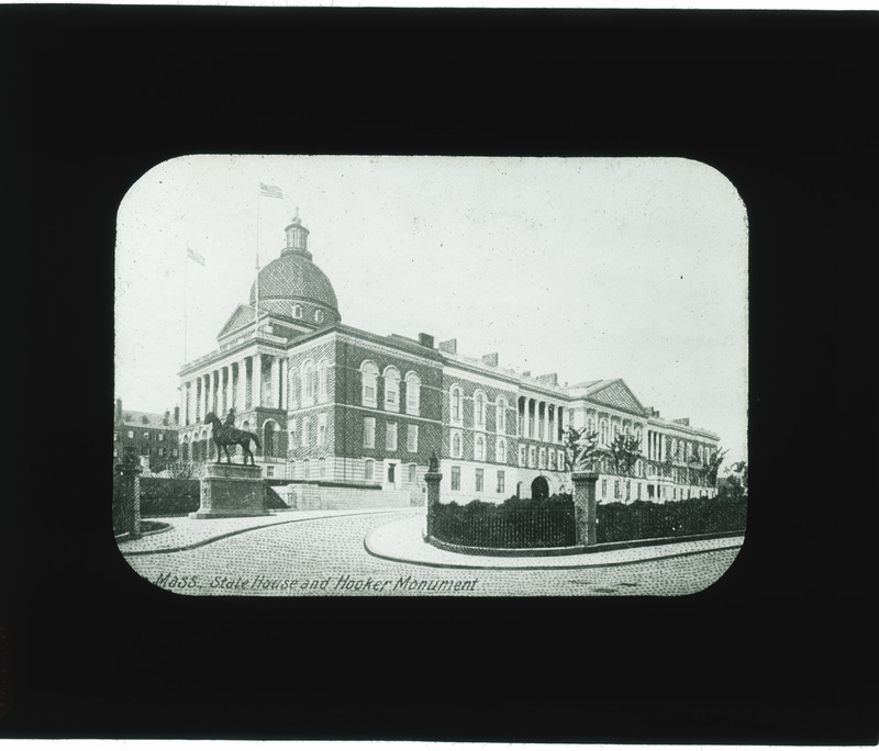 Massachusetts State House and Hooker Monument, Boston, Massachusetts [from postcard].