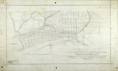 Street map, study for Cayuga Inlet improvement, Ithaca, New York, June 25, 1914. Pencil on tracing cloth. Dimensions: 17 x 28". Scale: 1"= 600'.   Project number: 685