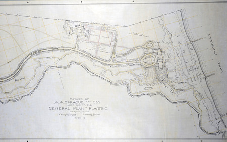 Landscaping, general plan of planting at A. A. Sprague residence, Lake Bluff, Illinois, 1913 (partial view, right side). Colored pencil and ink on tracing cloth. Dimensions: 31 x 68". Scale: 1 = 40'.   Project number: 898