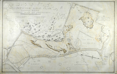 Site plan, general map of property for the Megunticook Golf Club, Camden Maine, March 13, 1913. Ink and colored pencil on tracing cloth. Dimensions: 34 x 51 in.. Scale: 1"= 60'.   Project number: 980