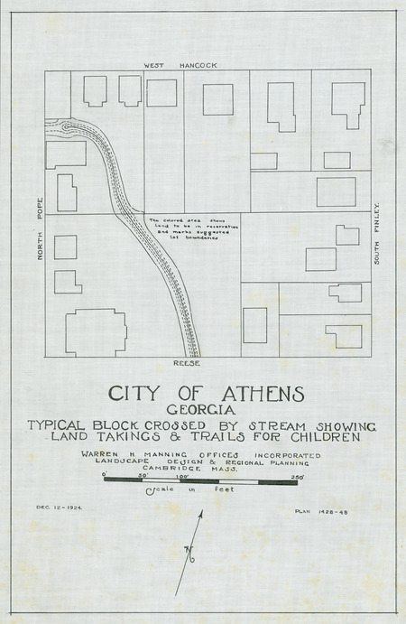 Typical block crossed by stream showing land takings and trails for children, Athens, Georgia, December 12, 1924. Ink on tracing cloth. Dimensions: 39.5 x 25.4 cm Scale: 1" = 50'.   Project number: 1428
