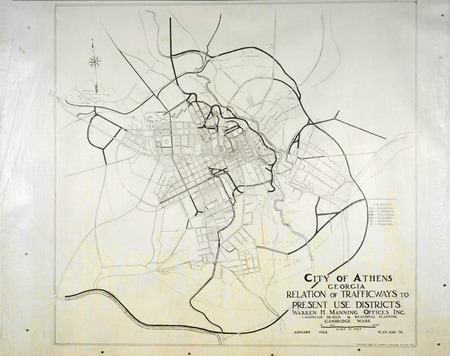 Street map, Athens, Georgia showing the relation of trafficways to present use districts, January 1925. Ink on tracing cloth. Dimensions: 36 x 43 in.. Scale 1" = 800'.   Project number: 1428