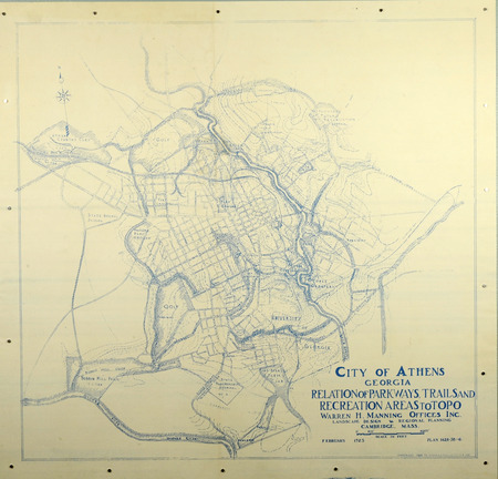 Topographic survey, Athens, Georgia showing the relation of parkways, trails, and recreation areas to topography, February 1925. Blueline print. Dimensions: 35.5 x 37". Scale 1 = 800'.   Project number: 1428