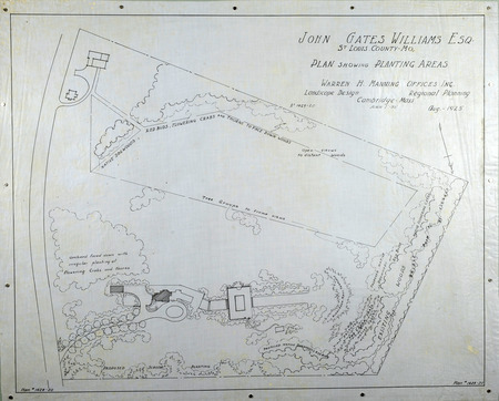 Site plan showing planting areas for John Gates Williams, Saint Louis County, Missouri, August 1925. Ink on tracing cloth. Dimensions: 29 x 35". Scale 1"=50'.   Project number: 1429