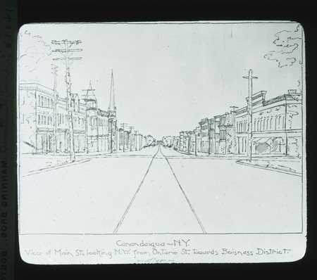 Sketch of Main Street looking northwest from Ontario Street to business district, Canandaigua, New York.