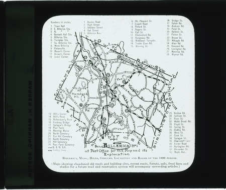 Map of hills, stream, localities and roads of the 1800 period, Billerica, Massachusetts.