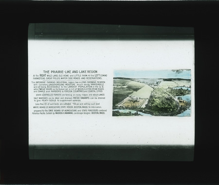Legend and painting of prairie-like and lake region, for an exhibit at the Panama Pacific Exposition 1915, Massachusetts.