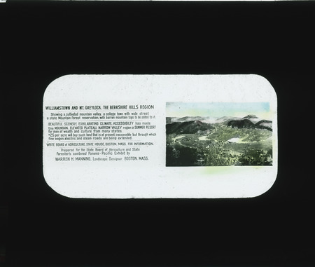 Legend and painting of Williamstown and Mt. Greylock, California for an exhibit at the Panama Pacific Exposition 1915, Massachusetts.