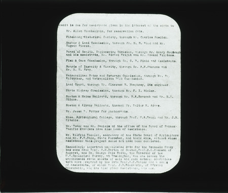 Typewritten list of credits for assistance, Panama Pacific Exposition 1915, Massachusetts.
