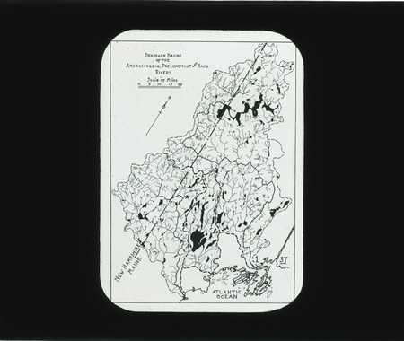 Androscoggin, Presumpscot and Saco Rivers map showing drainage basins, New Hampshire and Maine.
