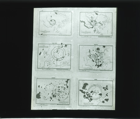 Maps of Baltimore, Maryland; New York City; Boston, Massachusetts; London, England; Paris, France.