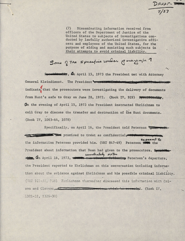 Details of the President Nixon between April 15 and April 25, 1973, where he passed information to individuals under investigation in relation to the Watergate Affair. The document begins with the text of paragraph 7 of Article 1 of the articles of impeachment against Richard Nixon.