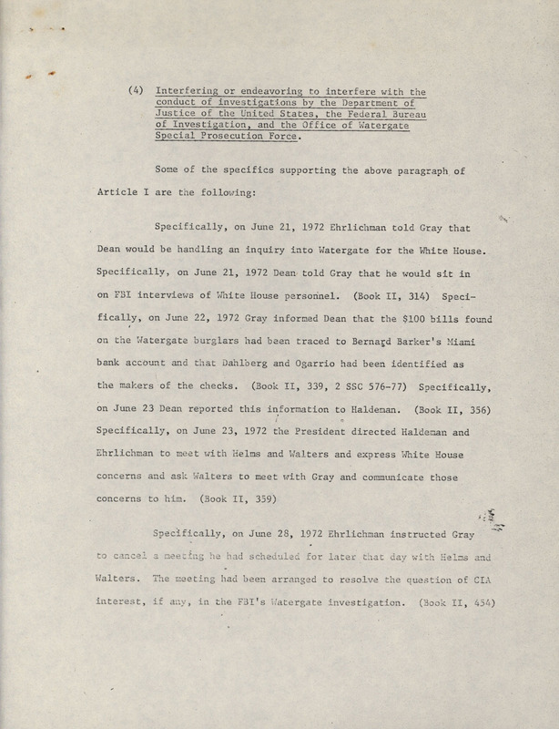 Details of the actions of President Nixon from June 1972 to June 1973 where he interfered with investigations into the Watergate Affair. The document begins with the text of paragraph 7 of article 1 of the articles of impeachment against Richard Nixon.