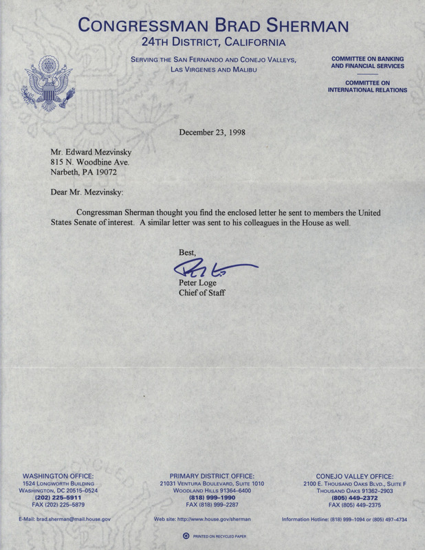 Letter from Peter Loge, Presidential Chief of Staff to Edward Mezvinsky, containing a letter from Congressman Brad Sherman to members of the United States Senate regarding the impeachment of President Richard Nixon.