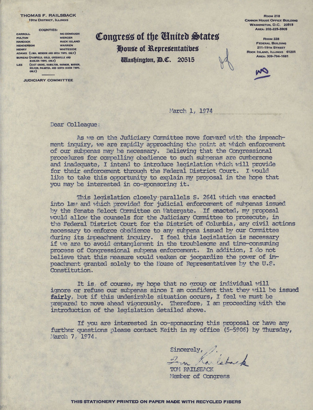 Letter from Thomas F. Railsback, regarding the impeachment inquiry of Nixon.