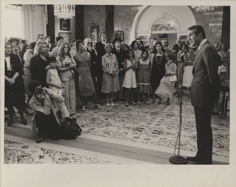 Photograph of Edward M. Mezvinsky speaking to a crowd during his swearing in ceremony as the U.S. Representative to the United Nations Human Rights Commission.