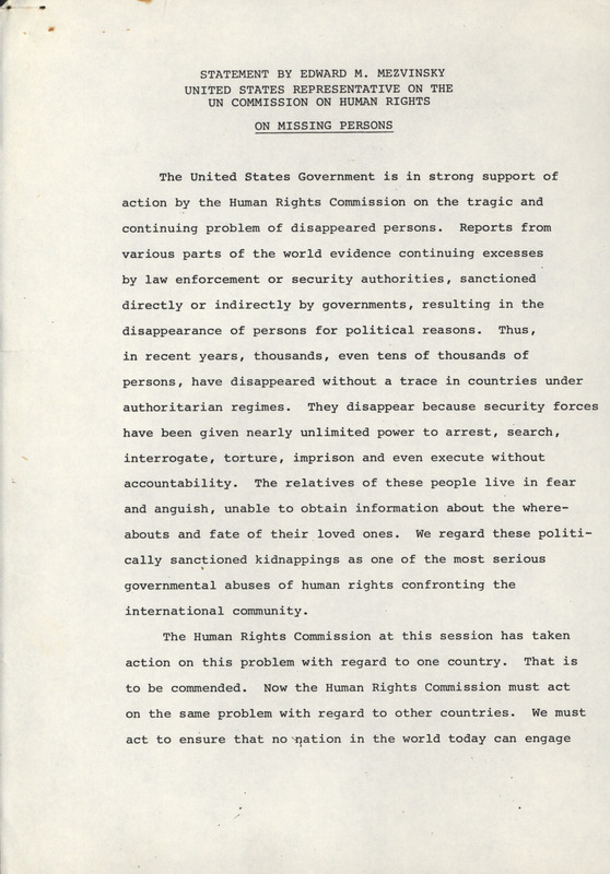 Statement to the United Nations Commission on Human Rights urging that it endorse a resolution that would prevent political disappearances.