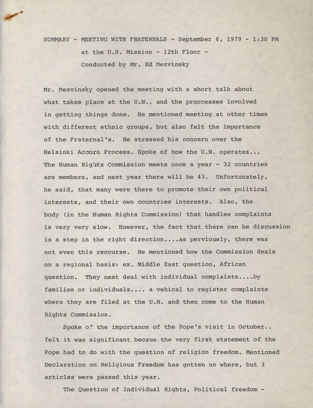 Summary of a September 6, 1979 meeting with fraternals conducted by Edward Mezvinsky at the United States Mission to the United Nations.