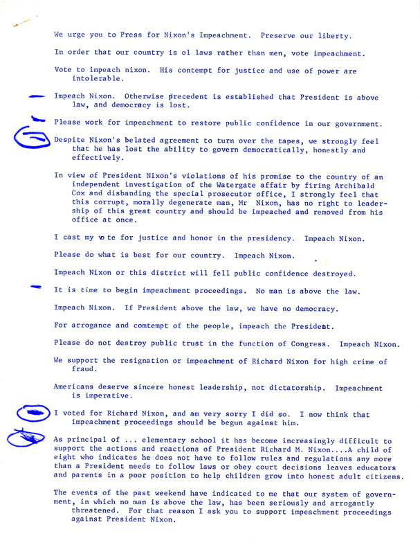 Collection of statements made by constituents regarding the potential impeachment of President Nixon.