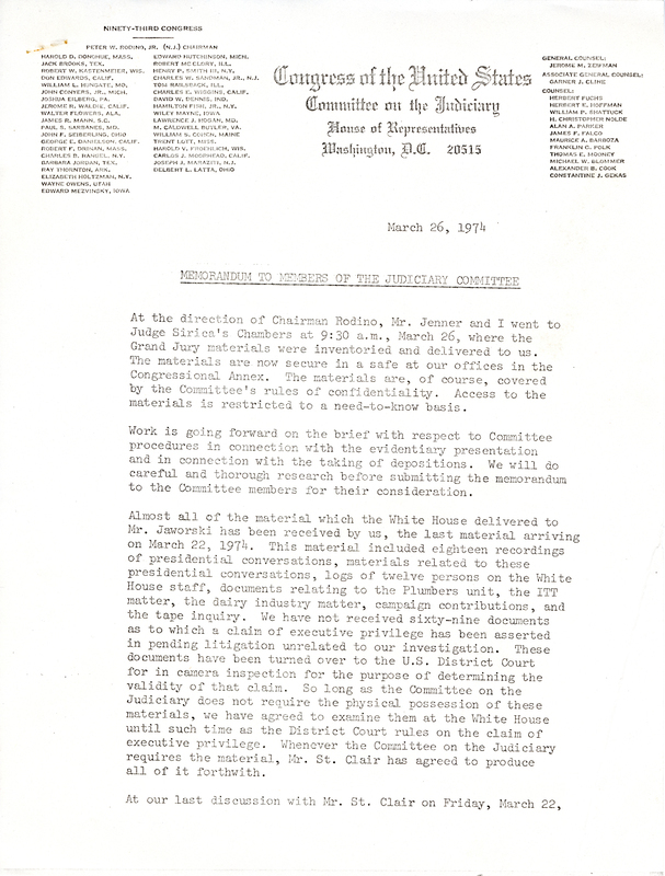 Memorandum from John Doar to the House Committee on the Judiciary discussing what evidentiary material has been collected.