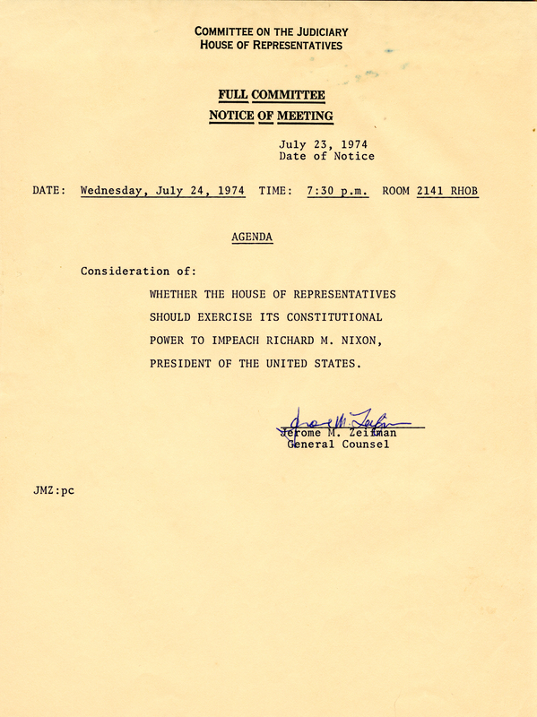 Agenda for the House Committee on the Judiciary for the July 24, 1974 meeting.