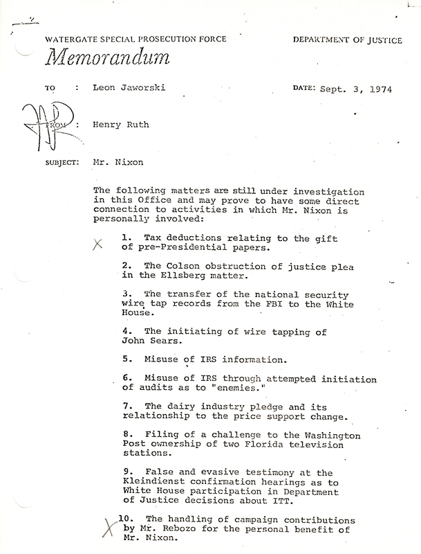 Memorandum from Henry Ruth to Leon Jaworski listing the ongoing investigations into former president Nixon other than Watergate.