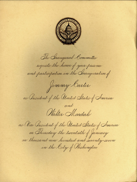 Invitation to participate in the inauguration of Jimmy Carter as President of the United States and Walter Mondale as the Vice President of the United States.