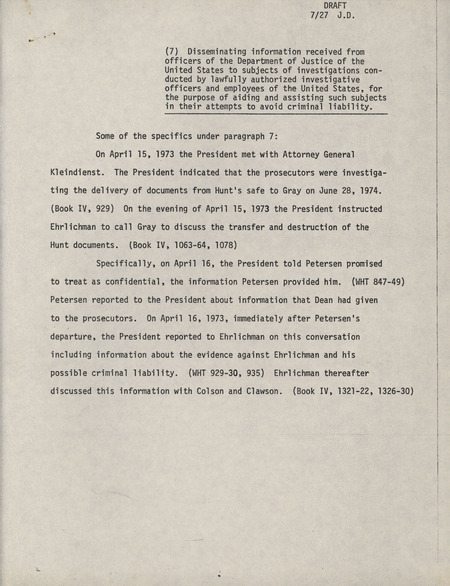 Details of the President Nixon between April 15 and April 25, 1973, where he passed information to individuals under investigation in relation to the Watergate Affair. The document begins with the text of paragraph 7 of Article 1 of the articles of impeachment against Richard Nixon.