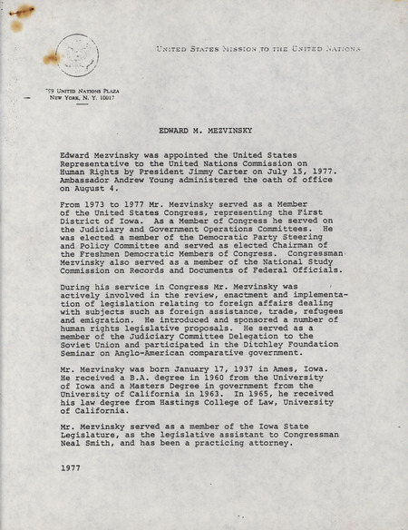 Biography of Edward M. Mezvinsky written for his appointment to the United Nations Commission on Human Rights.