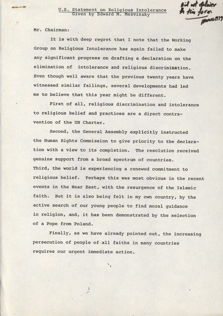 United States statement on religious intolerance given by Edward M. Mezvinsky to the United Nations Commission on Human Rights.