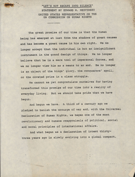 Statement to the United Nations Commission on Human Rights. Mezvinsky outlines various human rights abuses around the world and calling on the commission to work to end the abuse of children and pregnant women, to work for the reunification of families, and to investigate the fate of disappeared persons.