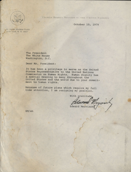 Letter of resignation to President of the United States Jimmy Carter from Edward Mezvinsky dated October 10, 1979 and the response from Jimmy Carter dated January 29, 1980.