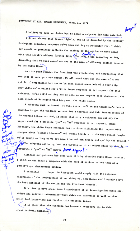 Statement by Edward Mezvinsky regarding the House Committee on the Judiciary issuing a subpoena for presidential material.