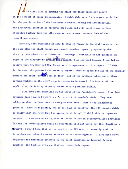 Draft of comments Edward Mezvinsky made regarding the inquiry into President Nixon's tax filings.