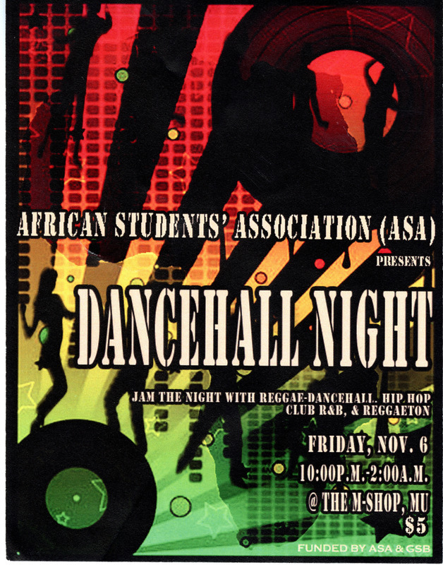 Flyer for a dance night at the M-Shop in the Memorial Union featuring reggae, hip-hop, club R&B, and reggaeton music.