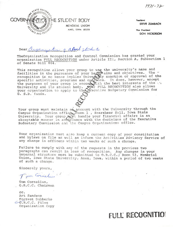 Letter from the Organization Recognition and Control Commission of the Government of the Student Body officially recognizing the Organization of Arab Students.