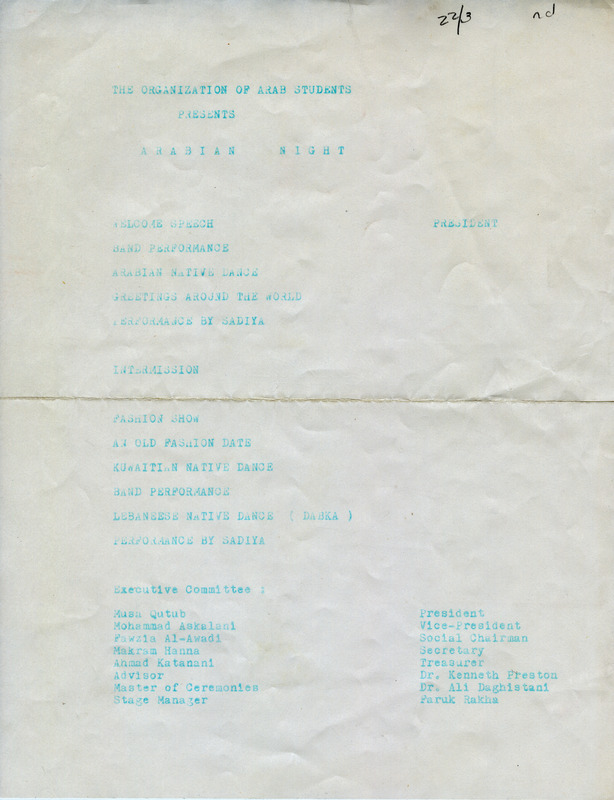 Program for Arabian Night event hosted by the Arab Student Organization.