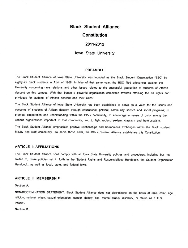 Constitution of the Black Student Alliance that lays out the purpose of the organization, membership, executive board, and executive board's duties.