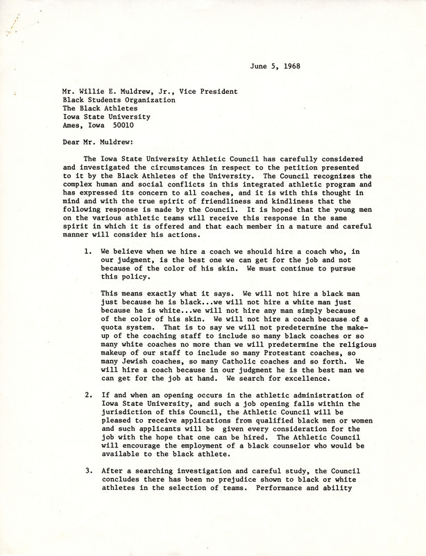Chairman J. P. Mahlstede of the Athletic Council response to Willie Muldrew, Jr., vice president of the Black Student Organization, regarding the Eight Grievances.