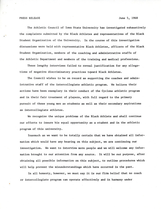 Press release made by the Athletic Council following their investigation into the complaints submitted by the Black Student Organization and their findings stating they found nothing to substantiate the athletes' claims.