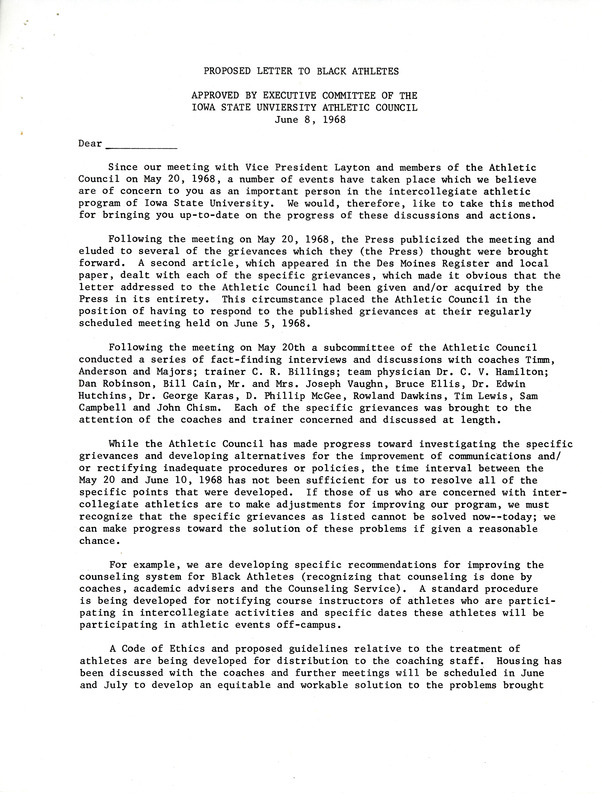 Letter written by the Athletic Council Executive Committee that lays out the investigation and steps being taken. It states that it cannot meet the deadline as demanded in the Eight Grievances.