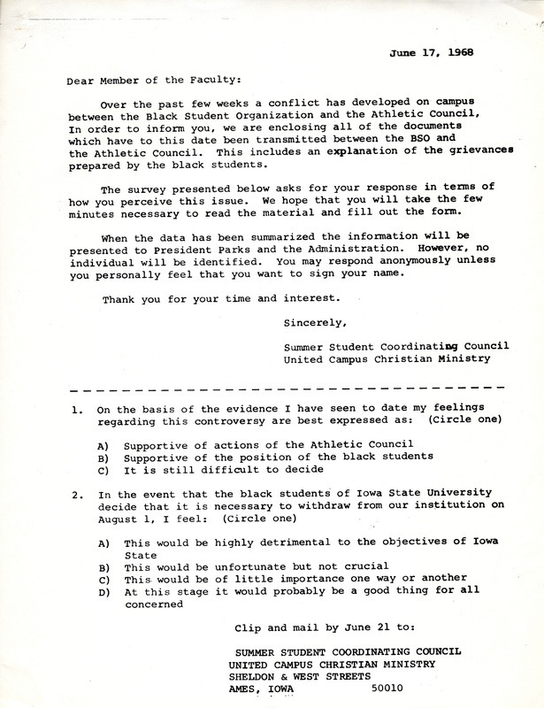Summer Student Coordinating Council survey regarding the Black Student Organization and Athletic Council issues and how the faculty perceive the issue.