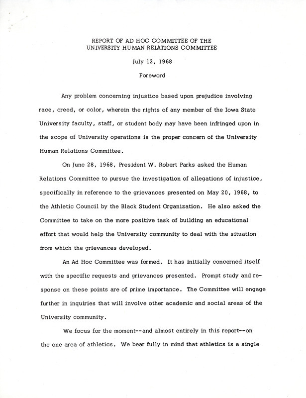 Report of the special work requested by President Parks, the meeting with Athletic Department members and the Black Student Organization, and recommendations.