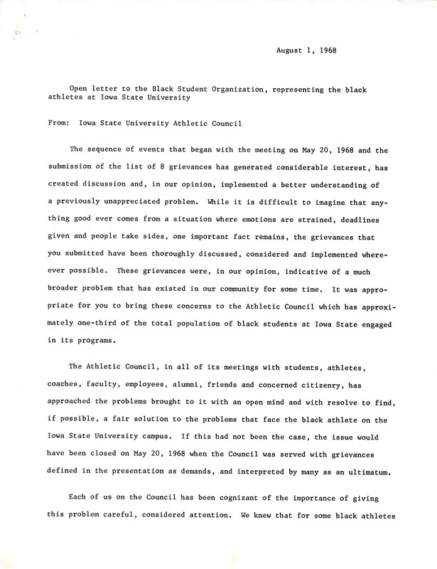 Athletic Council's statement to the Black Student Organization and Black athletes after the ad hoc committee's report following their investigation and recommendations.