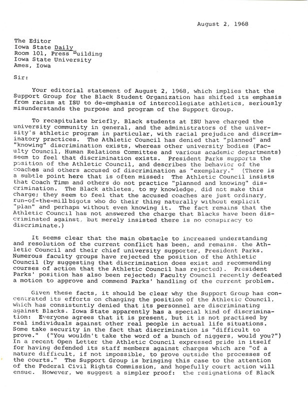 Letter criticizing an Iowa State Daily editorial and its content regarding the support group for the Black Student Organization.