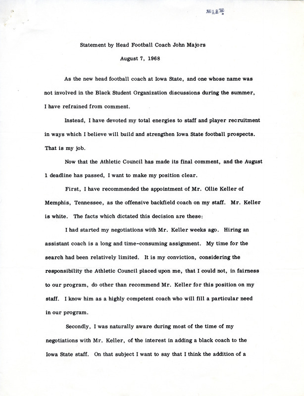 Newly hired Iowa State football coach John Majors's views on the Eight Grievances and his plans moving forward.