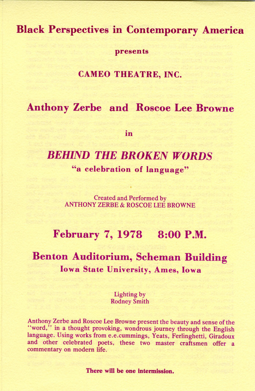 Program for "Behind the Broken Words," a play during the Black Perspectives in Contemporary America Symposium.