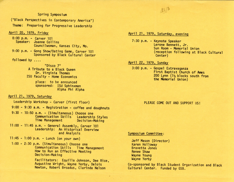 List of events for the Black Perspectives in Contemporary America Symposium: Preparing for Progressive Leadership.